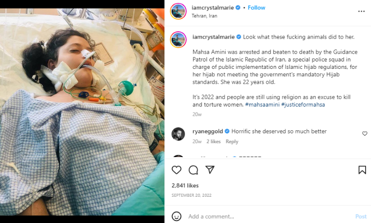 Crystal Marie Denha posting about Hijab rules in Iran. 